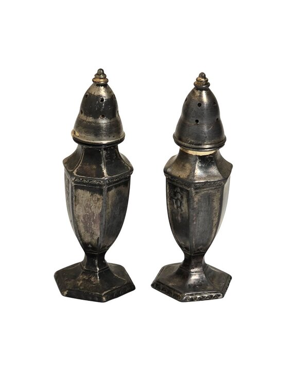 Unknown Other - Vintage Silver-Plated Salt & Pepper Shaker Set With Hexagonal Base Made In USA